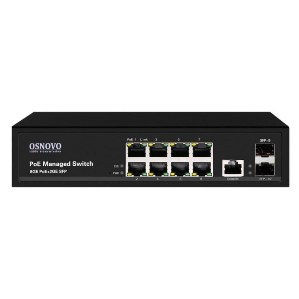 Управляемый L2 PoE коммутатор Gigabit Ethernet на 8 RJ45 PoE + 2 x GE SFP порта  OSNOVO SW-80802/L(1